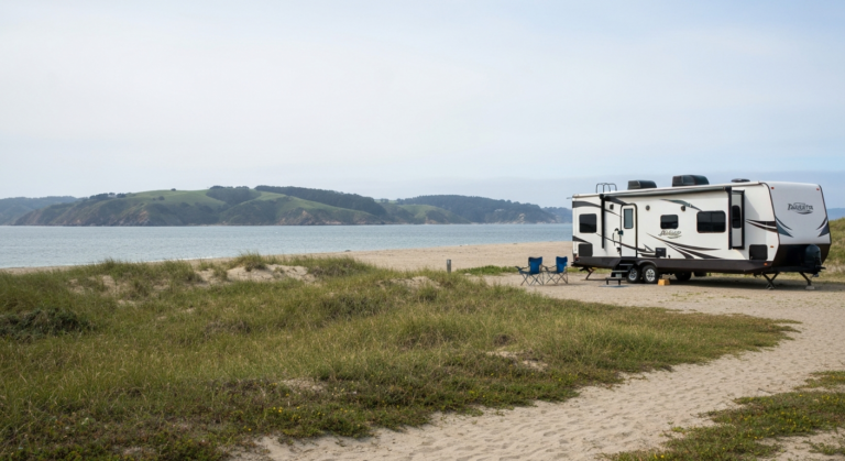 RV at a coastal campsite at Doran Regional Park, Bodega Bay, CA